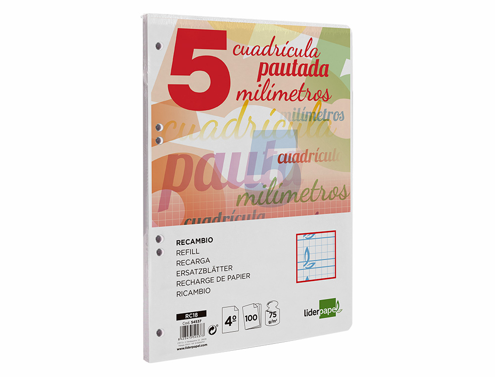 RECAMBIO LIDERPAPEL CUARTO 100 H CUADRICULADO PAUTADO 5 MM 6 TALADROS UNIVERSAL 60 GR