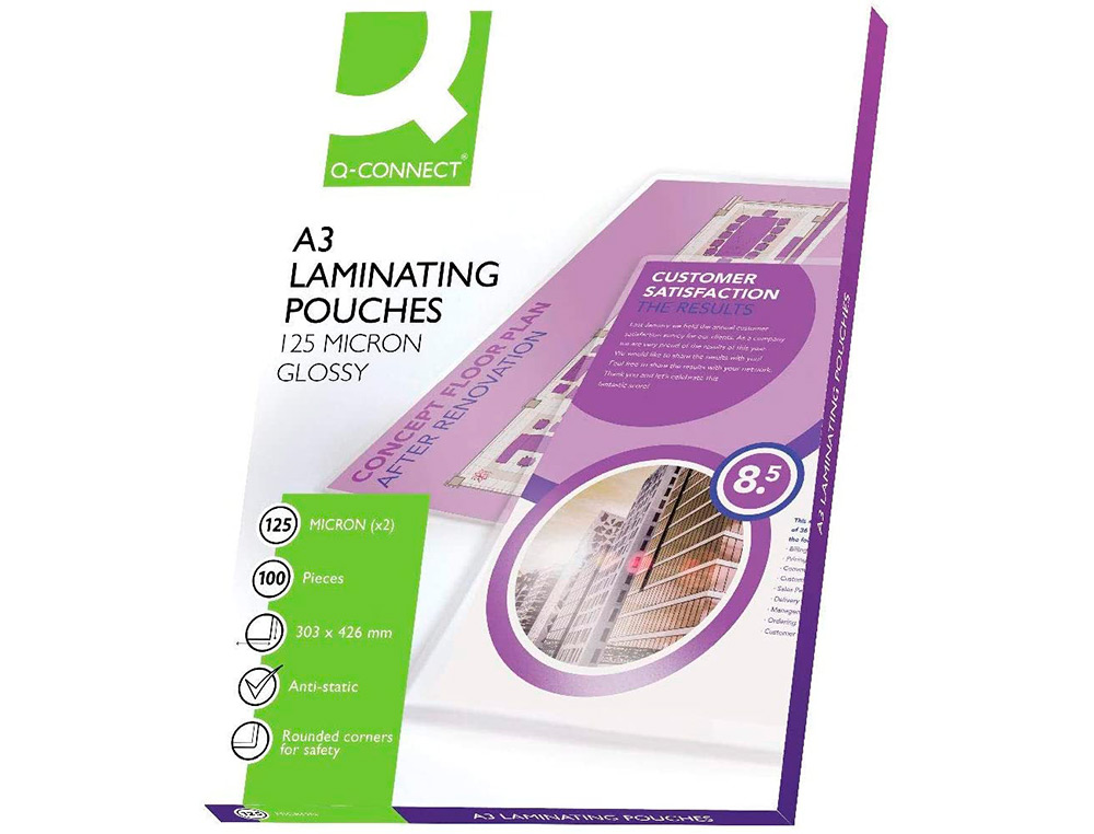 BOLSA DE PLASTIFICAR Q-CONNECT 303 X 426 MM 125 MICRONS DIN A3 CAIXA DE 100 UNIDADES