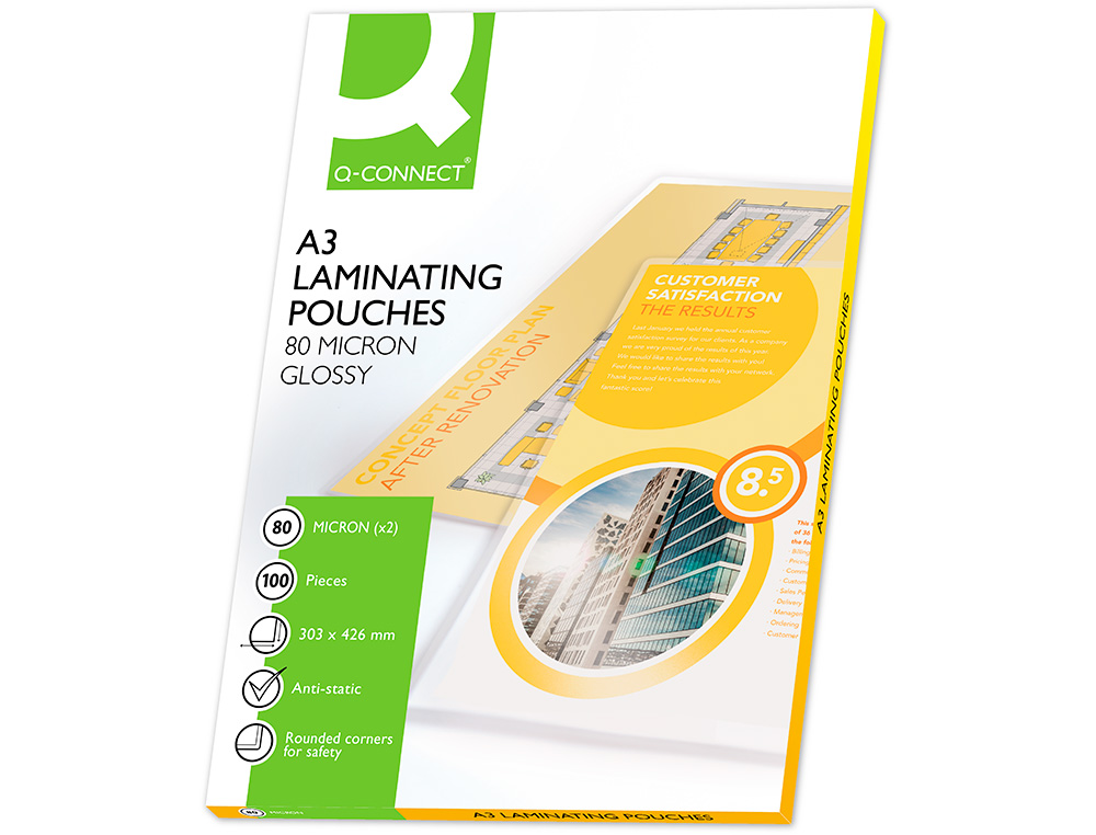 BOLSA DE PLASTIFICAR Q-CONNECT 303 X 426 MM 80 MICRONS DIN A3 CAIXA DE 100 UNIDADES