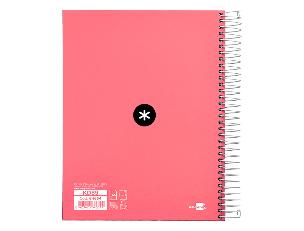 CADERNO ESPIRAL DIN A5 ANTARTIK CAPA FORRADA 120 F 100 GR QUADRICULA 5 MM 5 BANDAS DE CORES COR CORAL