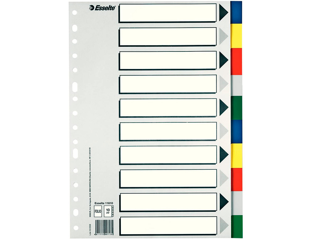 SEPARADOR ESSELTE DE PLASTICO CONJUNTO DE 10 SEPARADORES DE CORES DIN A4 COM 5 CORES MULTIPERFURADO