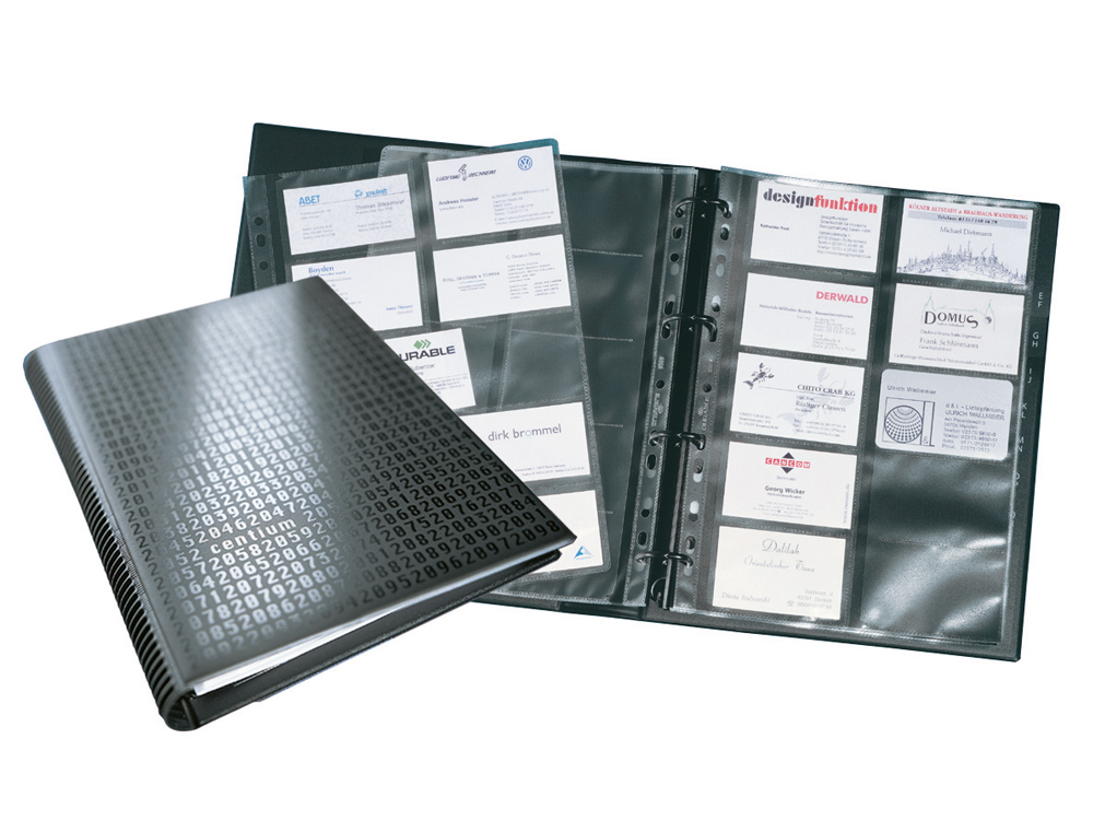 PORTA CARTOES DURABLE DIN A4 VISIFIX CENTIUM 4 ANEIS 20 BOLSAS COM INDICE ALFABETICO PARA 400 CARTOES DE VISITA 57X90 MM
