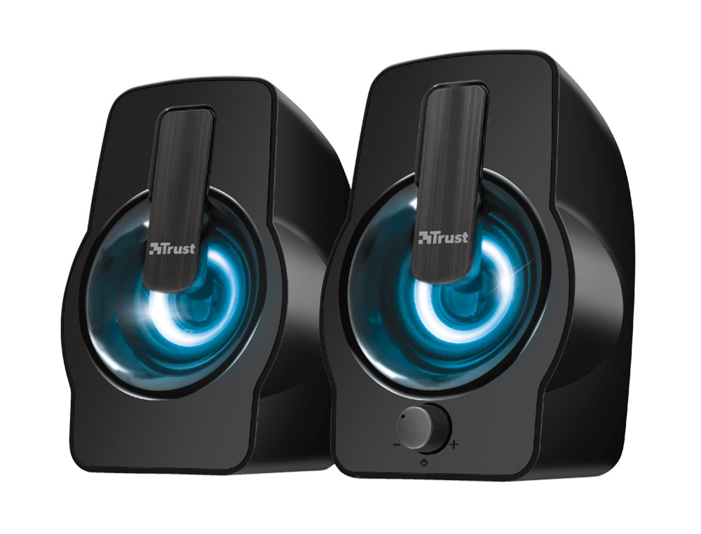 COLUNAS TRUST GEMI 2.0 POTENCIA MAX 12W ILUMINACAO LED CONTROLO DE VOLUME E CONEXAO AURICULARES USB COR PRETO