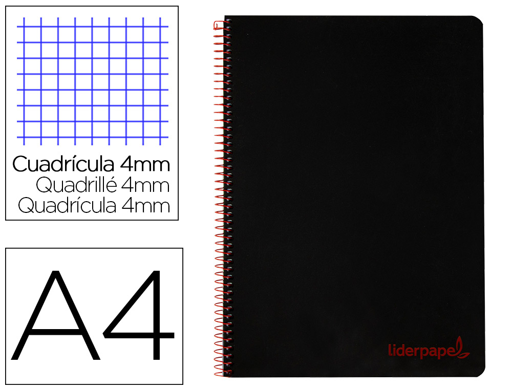 CADERNO ESPIRAL LIDERPAPEL A4 WONDER CAPA PLASTICO 80F 90GR QUADRICULA 4MM COM MARGEM PRETO