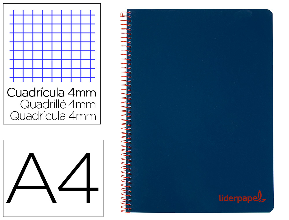 CADERNO ESPIRAL LIDERPAPEL A4 WONDER CAPA PLASTICO 80F 90GR QUADRICULA 4MM COM MARGEM AZUL MARINHO