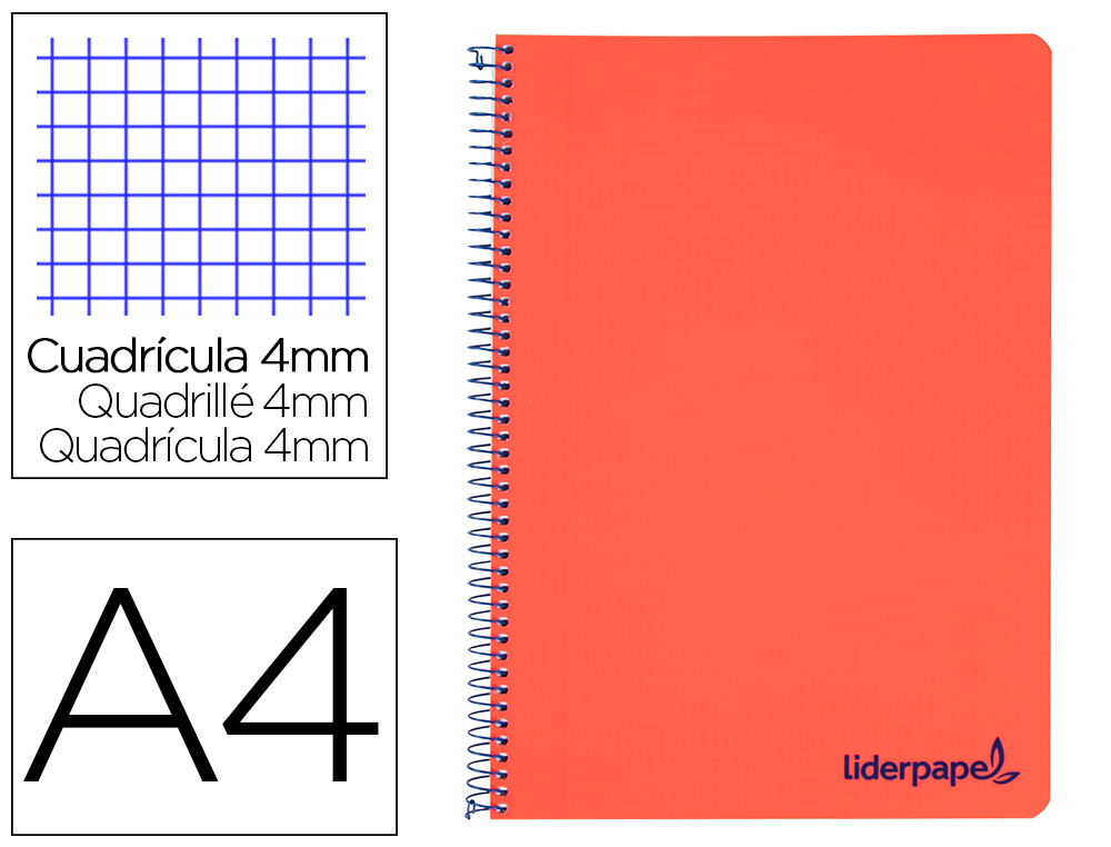 CADERNO ESPIRAL LIDERPAPEL A4 WONDER CAPA PLASTICO 80F 90GR QUADRICULA 4MM COM MARGEM VERMELHO