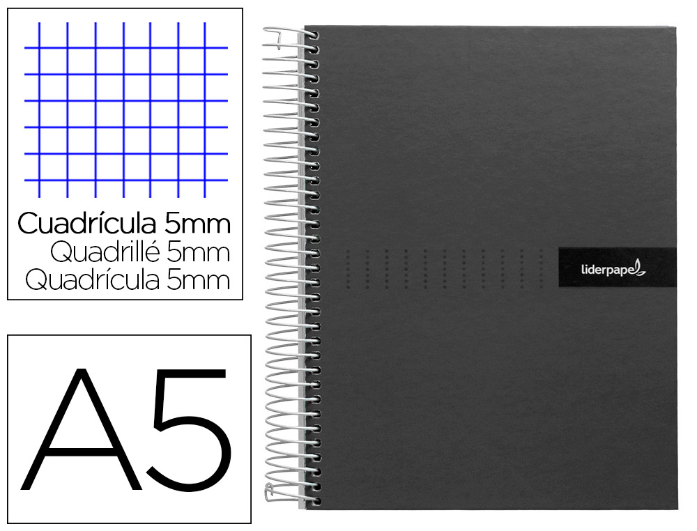 CADERNO ESPIRAL LIDERPAPEL DIN A5 CRAFTY CAPA FORRADA 120 F 90 GR QUADRICULA 5MM 5 BANDAS DE CORES 6 FUROS COR PRETO