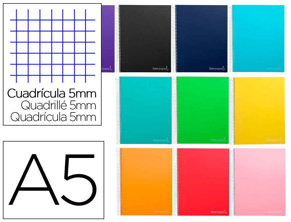 CADERNO ESPIRAL LIDERPAPEL DIN A5 JOLLY CAPA DURA 140 F 75 GR QUADRICULA 5MM 5 BANDAS DE CORES 6 FUROS CORES SORTIDAS