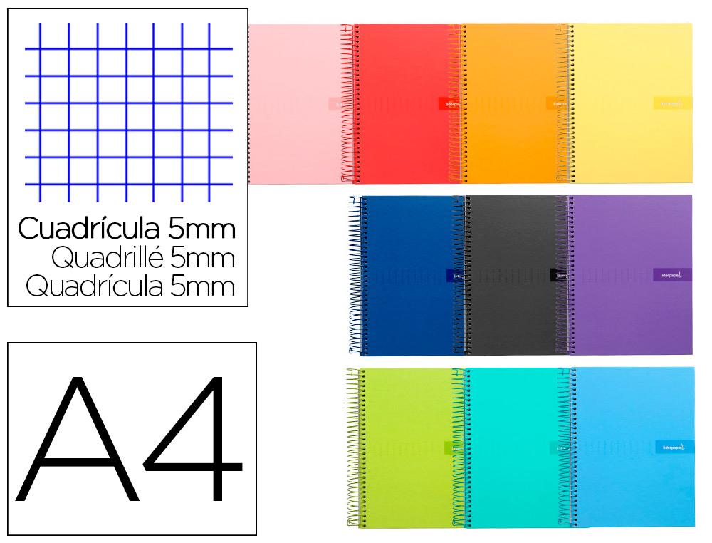CADERNO ESPIRAL LIDERPAPEL DIN A4 CRAFTY CAPA FORRADA 80 F 90 GR QUADRICULA 5 MM COM MARGEM CORES SORTIDAS