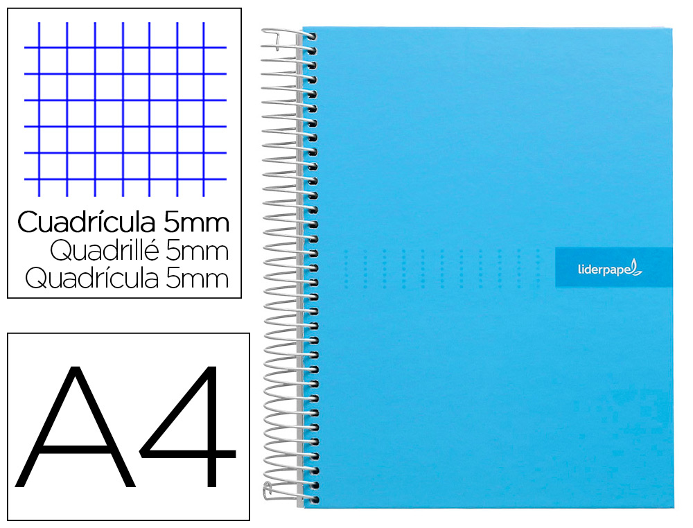 CADERNO ESPIRAL LIDERPAPEL DIN A4 CRAFTY CAPA FORRADA 120 F 90 GR QUADRICULA 5 MM 5 BANDAS DE CORES 4 CORES CELESTE