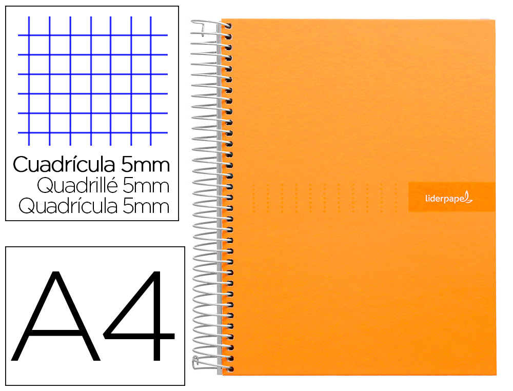 CADERNO ESPIRAL LIDERPAPEL DIN A4 CRAFTY CAPA FORRADA 120 F 90 GR QUADRICULA 5 MM 5 BANDAS DE CORES 4 CORES COR LARANJA