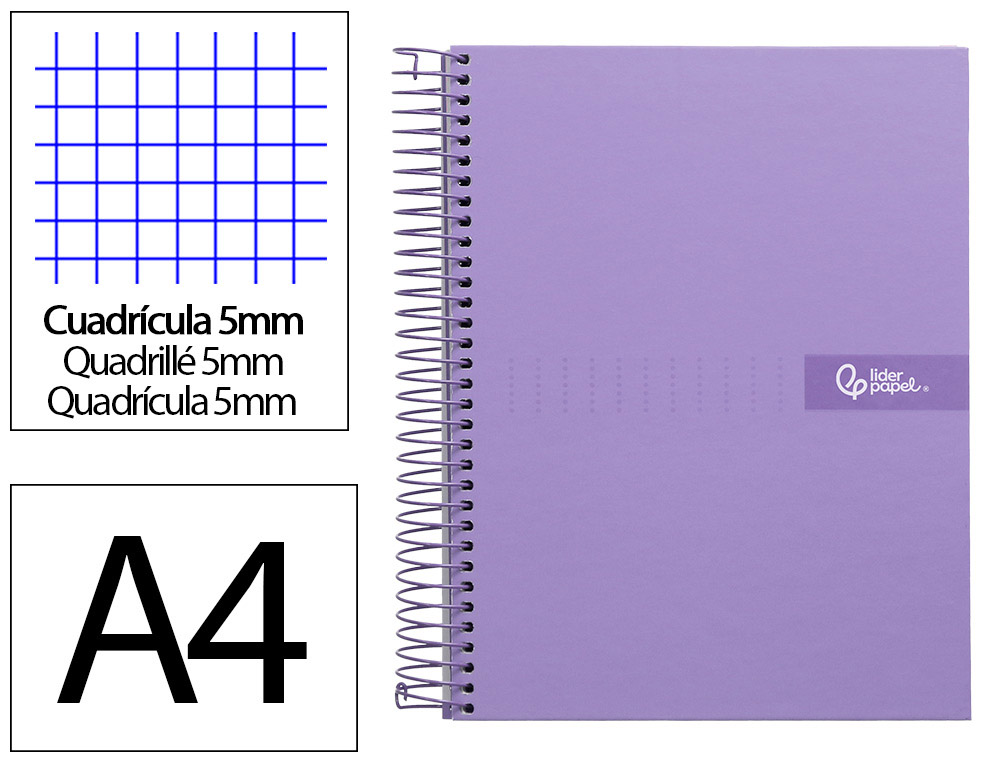CADERNO ESPIRAL LIDERPAPEL CRAFTY MICRO DIN A4 CAPA FORRADA 120 F 90 GR QUADRICULA 5MM 5 BANDAS DE CORES 4 FUROS COR VIO