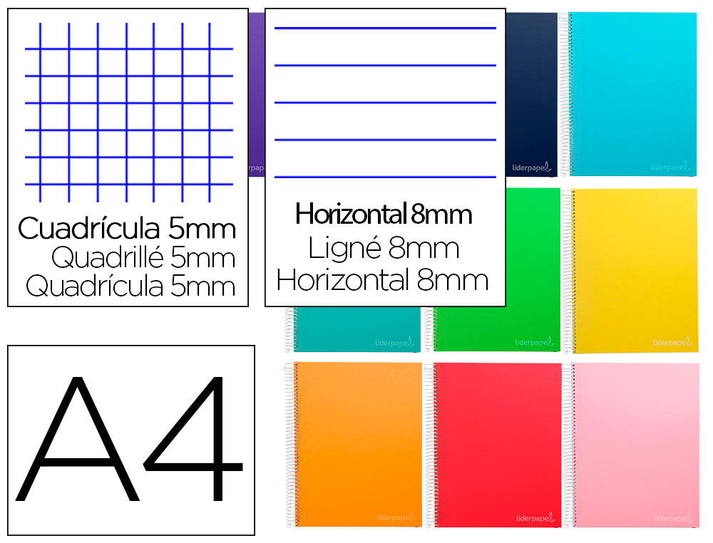 CADERNO ESPIRAL LIDERPAPEL DIN A4 JOLLY MULTIDISCIPLINA 140 F 75GR 28F 5MM 112F PAUTADAS 5 BANDAS DE CORES SORTIDAS