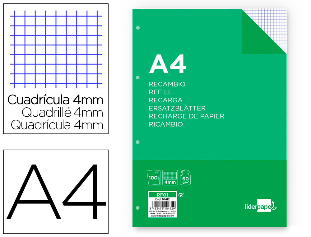 RECARGA LIDERPAPEL FOLIO 100 F 4TF-01 QUADRICULADO 4 MM 4 FUROS COM MARGEM