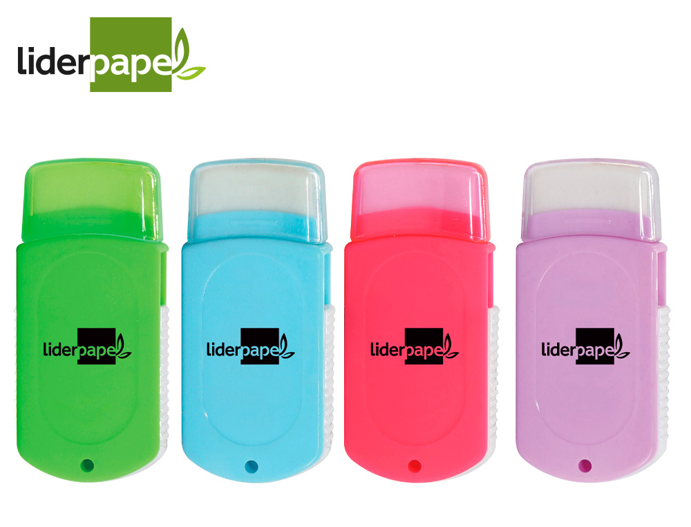 BORRACHA LIDERPAPEL RETANGULAR COM PROTETOR PLASTICO APARA LAPIS DE 2 USOS CORES SORTIDAS