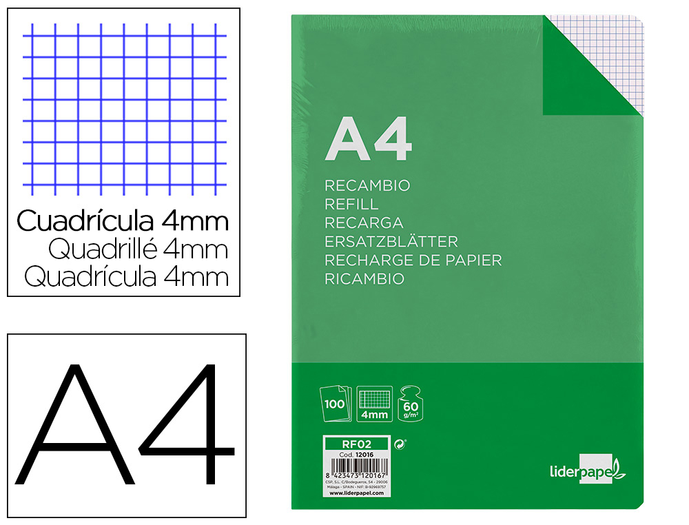 RECARGA LIDERPAPEL FOLIO 100 F 0TF-01 QUADRICULADO 4 MM SEM FUROS COM MARGEM