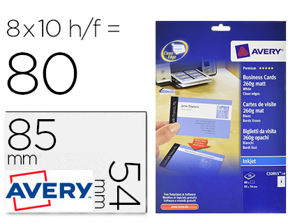 CARTAO DE VISITA AVERY BRANCO MATE 85X54 MM IMPRIMIVEL DUPLA FACE PARA TINTEIRO 260 GR PACK DE 80 UNIDADES