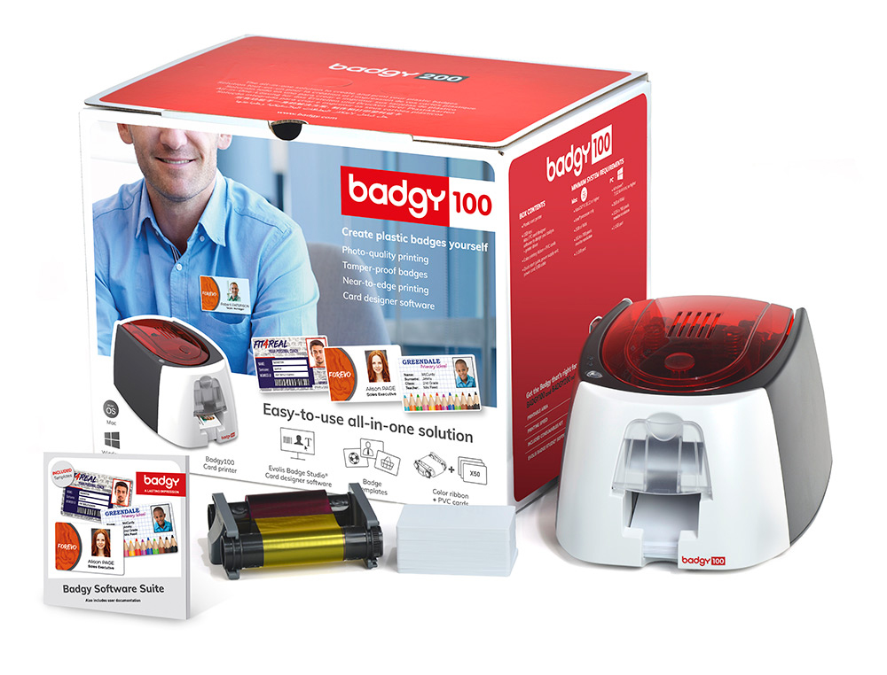 IMPRESSORA DE CARTOES BADGY 100 INCLUI FITA 50 CARTOES E PROGRAMA EDICAO BADGE STUDIO