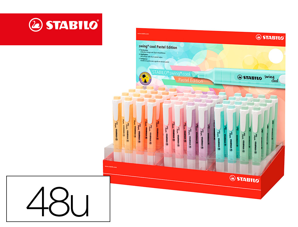 MARCADOR STABILO FLUORESCENTE SWING COOL PASTEL EXPOSITOR DE 48 UNIDADES EM 6 CORES SORTIDAS