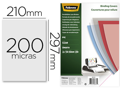 CAPA DE ENCADERNACAO FELLOWES PVC DIN A4 TRANSPARENTE 200 MICRONS PACK DE 100 UNIDADES