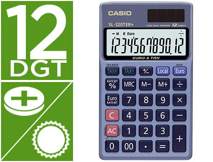 CALCULADORA CASIO SL-320TER BOLSO 12 DIGITOS TAX +/- CONVERSAO MOEDA TECLA DUPLO ZERO COR AZUL