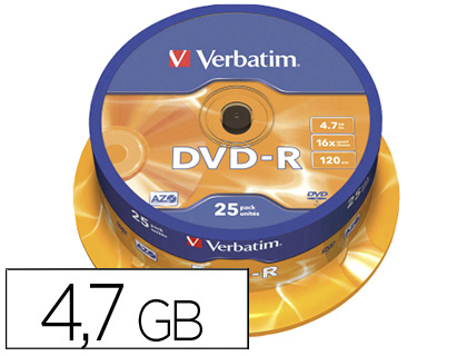 DVD-R VERBATIM CAPACIDADE 4.7GB VELOCIDADE 16X 120 MIN TORRE DE 25 UNIDADES