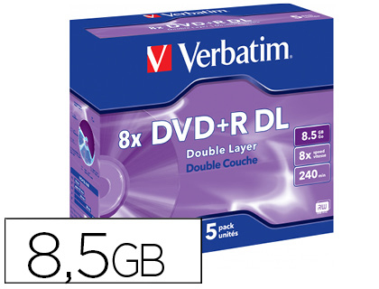DVD+R VERBATIM DUPLA CAPA CAPACIDADE 8.5GB VELOCIDADE 8X 240 MIN PACK DE 5 UNIDADES