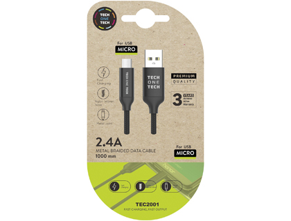 CABO USB 2.4 TECH ONE TECH BRAIDED NYLON TIPO USB ANDROID MICRO USB COMPRIMENTO 1 MT COR PRETO