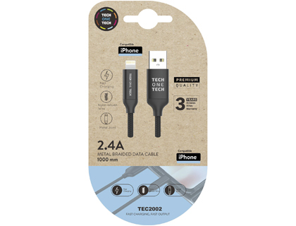 CABO USB 2.4 TECH ONE TECH BRAIDED NYLON TIPO USB APPLE MICRO USB COMPRIMENTO 1 MT COR PRETO