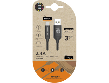 CABO USB 2.4 TECH ONE TECH BRAIDED NYLON TIPO USB-C MULTI MICRO USB COMPRIMENTO 1 MT COR PRETO