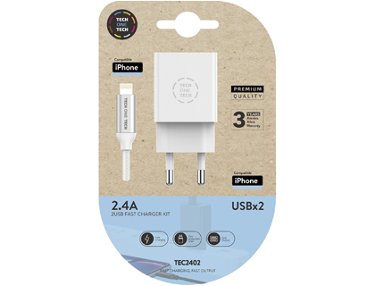 CARREGADOR TECH ONE TECH 2.4 DUPLO USB + CABO BRAIDED NYLON MICRO USB APPLE COMPRIMENTO 1 MT COR BRANCO