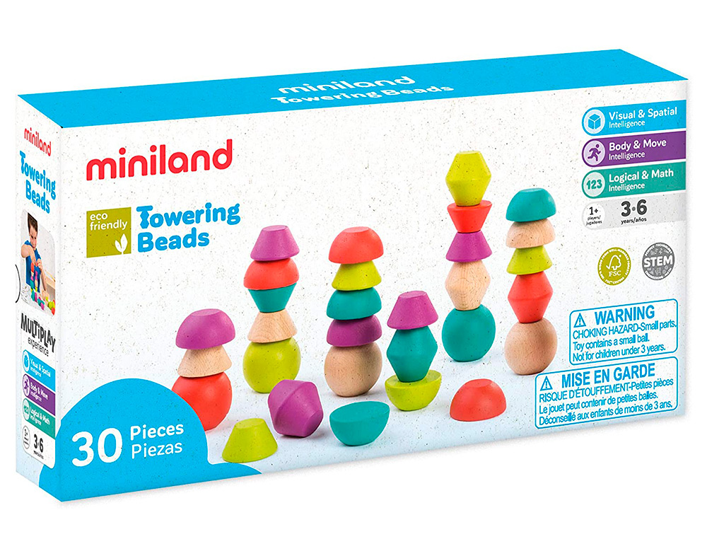 JOGO MINILAND TOWERING BEADS PECAS DE MADEIRA PARA TRABALHAR A LOGICA