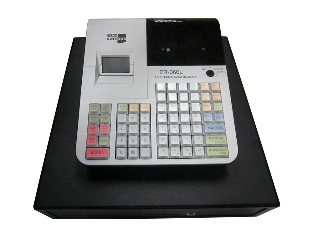 CAIXA REGISTADORA ECR SAMPOS ER-60 BRANCA 28 DEPARTAMENTOS DISPLAY VFD ANTO REFLEXOS CONFORME NORMATIVA FATURA SIMPLIFIC