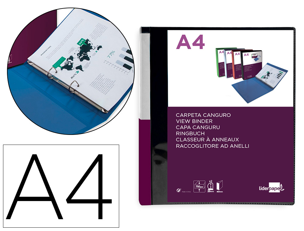 PASTA CANGURU LIDERPAPEL POLIPROPILENO DIN A4 2 ANEIS 25 MM MISTOS PRETO OPACO