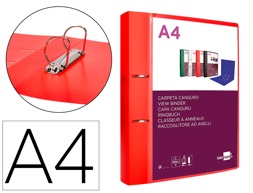 PASTA CANGURU LIDERPAPEL POLIPROPILENO DIN A4 2 ANEIS 40 MM MISTOS VERMELHO TRANSLICUDO