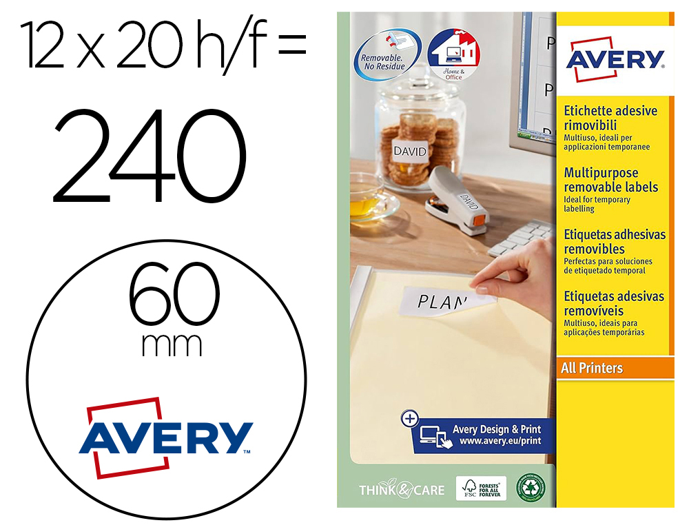 ETIQUETA ADESIVA AVERY BRANCA REDONDA REMOVIVEL PARA LASER INJEO DE TINTA E FOTOCOPIADORA 60 MM CAIXA DE 240 UNIDADES