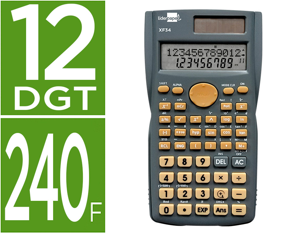CALCULADORA LIDERPAPEL CIENTIFICA XF34 12 DIGITOS 240 FUNCOES COM TAMPA SOLAR E PILHAS COR CINZA 156X85X20 MM