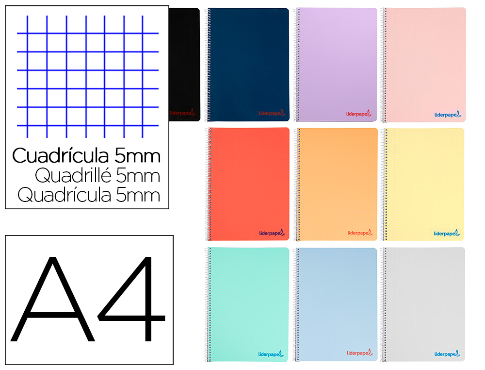 CADERNO ESPIRAL LIDERPAPEL DIN A4 WONDER CAPA PLASTICO 80 F 90 GR QUADRICULA 5MM COM MARGEM CORES SORTIDAS