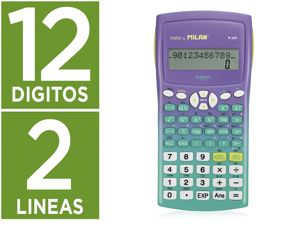 CALCULADORA MILAN CIENTIFICA M240 SUNSET CAPA TRANSLUCIDA 2 LINHAS 240 FUNCOES 10+2 DIGITOS COR VERDE TURQUESA/LILAS