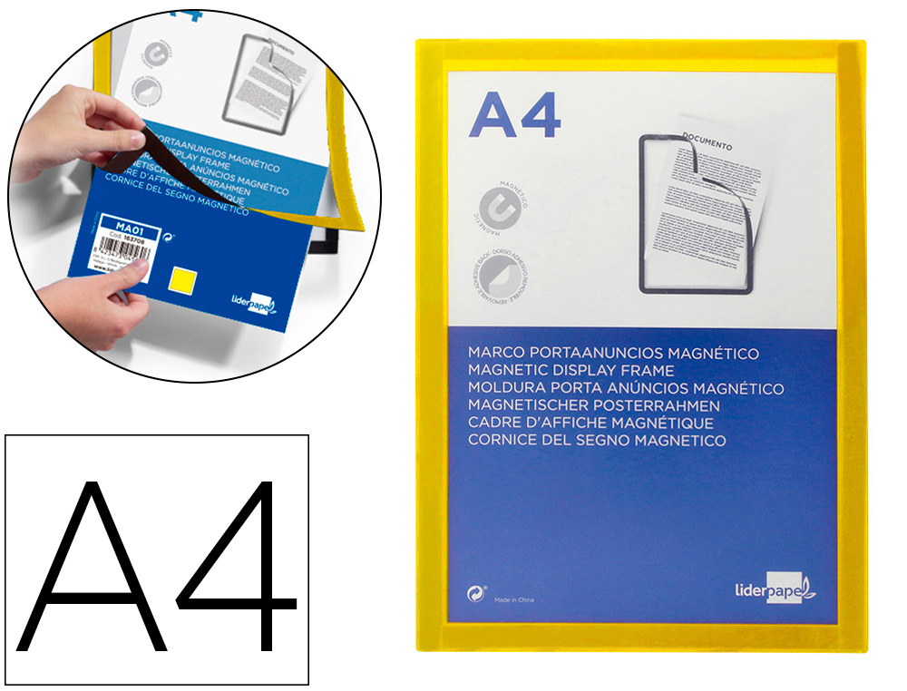 MOLDURA PORTA ANUNCIOS LIDERPAPEL MAGNETICA DIN A4 SUPORTE ADESIVO REMOVIVEL COR AMARELO