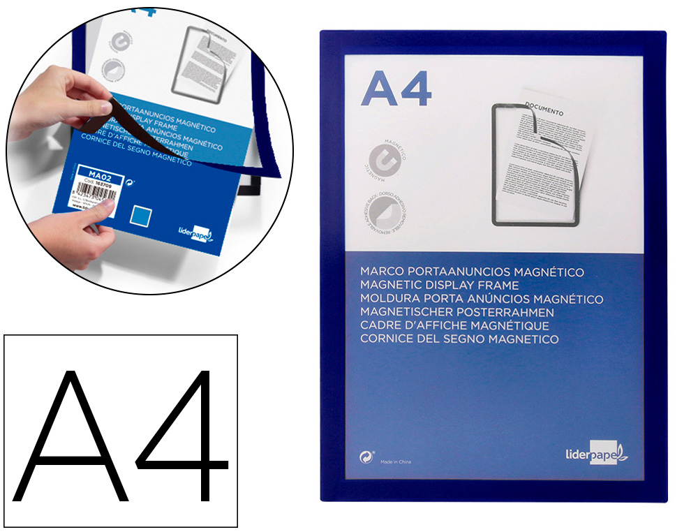 MOLDURA PORTA ANUNCIOS LIDERPAPEL MAGNETICA DIN A4 SUPORTE ADESIVO REMOVIVEL COR AZUL