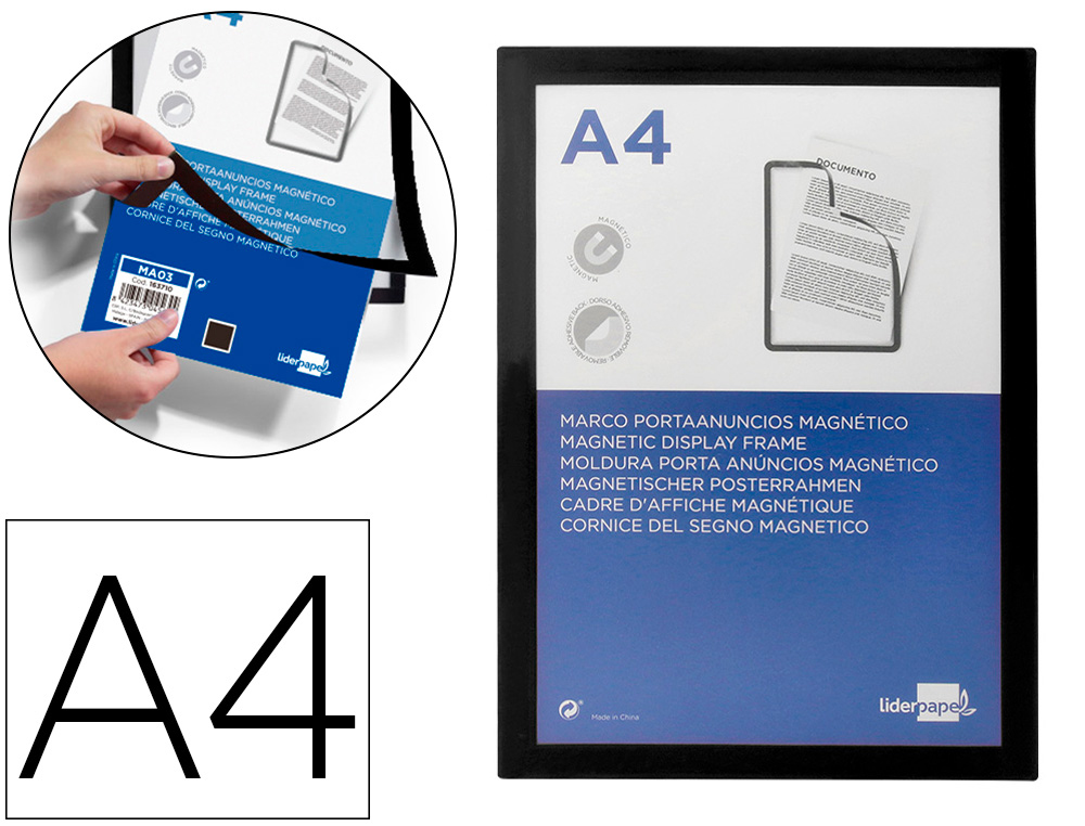 MOLDURA PORTA ANUNCIOS LIDERPAPEL MAGNETICA DIN A4 SUPORTE ADESIVO REMOVIVEL COR PRETO