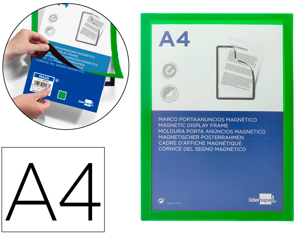 MOLDURA PORTA ANUNCIOS LIDERPAPEL MAGNETICA DIN A4 SUPORTE ADESIVO REMOVIVEL COR VERDE