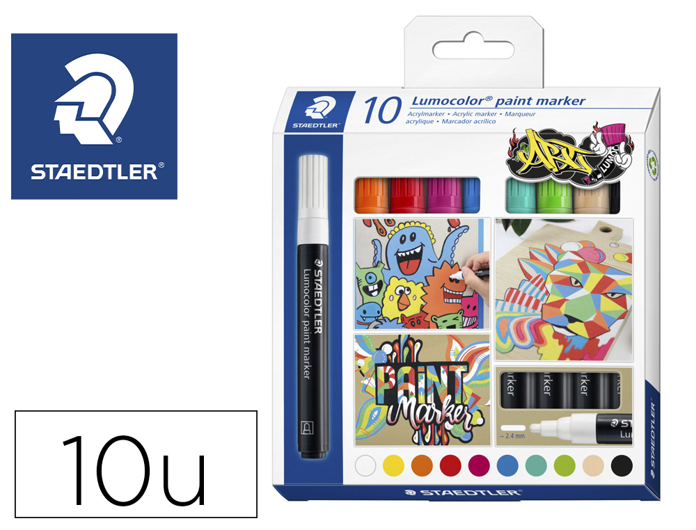 MARCADOR STAEDTLER TINTA ACRILICA PONTA REDONDA 2,4 MM ESTOJO DE 10 UNIDADES CORES SORTIDAS