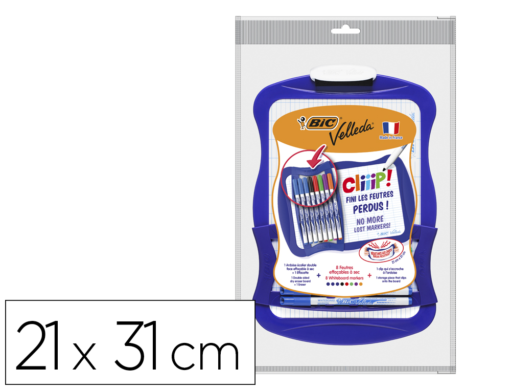 QUADRO BRANCO BIC VELLEDA COM DUPLO CLIP E SUPERFICIE DUPLA QUADRICULADA COM 8 MARCADORES SORTIDOS MEDIDAS 21X31 CM