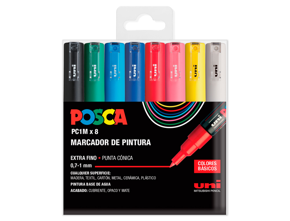 MARCADOR UNI POSCA PC-1M/8C MARCADOR DE PINTURA PONTA CONICA 0,7-1 MM ESTOJO DE 8 UNIDADES CORES BASICAS