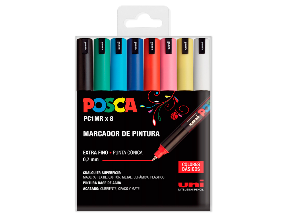 MARCADOR UNI POSCA PC1MR/8C MARCADOR DE PINTURA PONTA EXTRAFINA 0,7 MM ESTOJO DE 8 UNIDADES CORES BASICAS