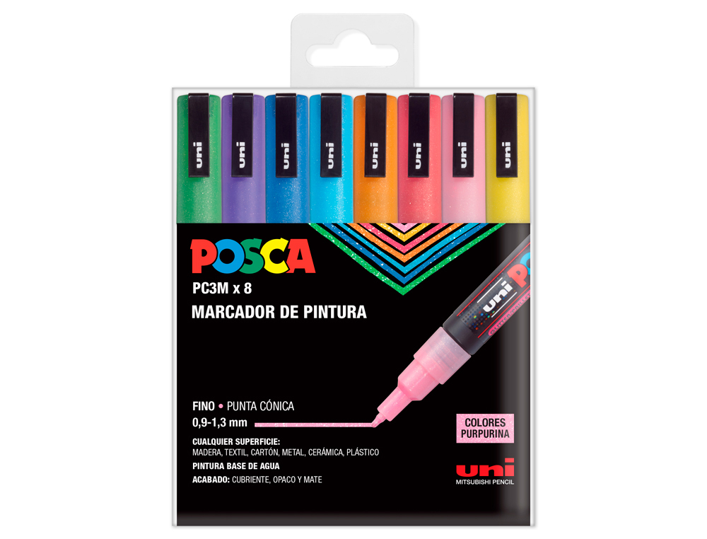 MARCADOR UNI POSCA PC-3M/8C MARCADOR DE PINTURA PONTA CONICA 0,9-1,3 MM ESTOJO DE 8 UNIDADES CORES PURPURINA