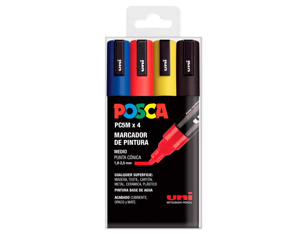 MARCADOR UNI POSCA PC-5M/4C MARCADOR DE PINTURA PONTA CONICA 1,8-2,5 MM ESTOJO DE 4 UNIDADES CORES BASICAS