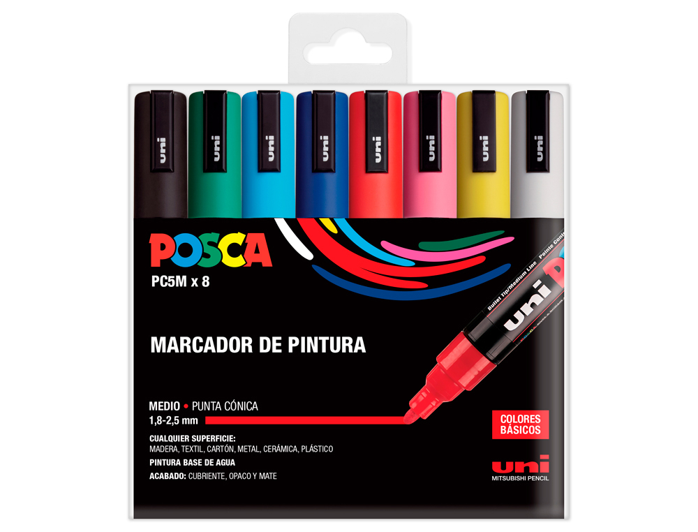 MARCADOR UNI POSCA PC-5M/8C MARCADOR DE PINTURA PONTA CONICA 1,8-2,5 MM ESTOJO DE 8 UNIDADES CORES BASICAS